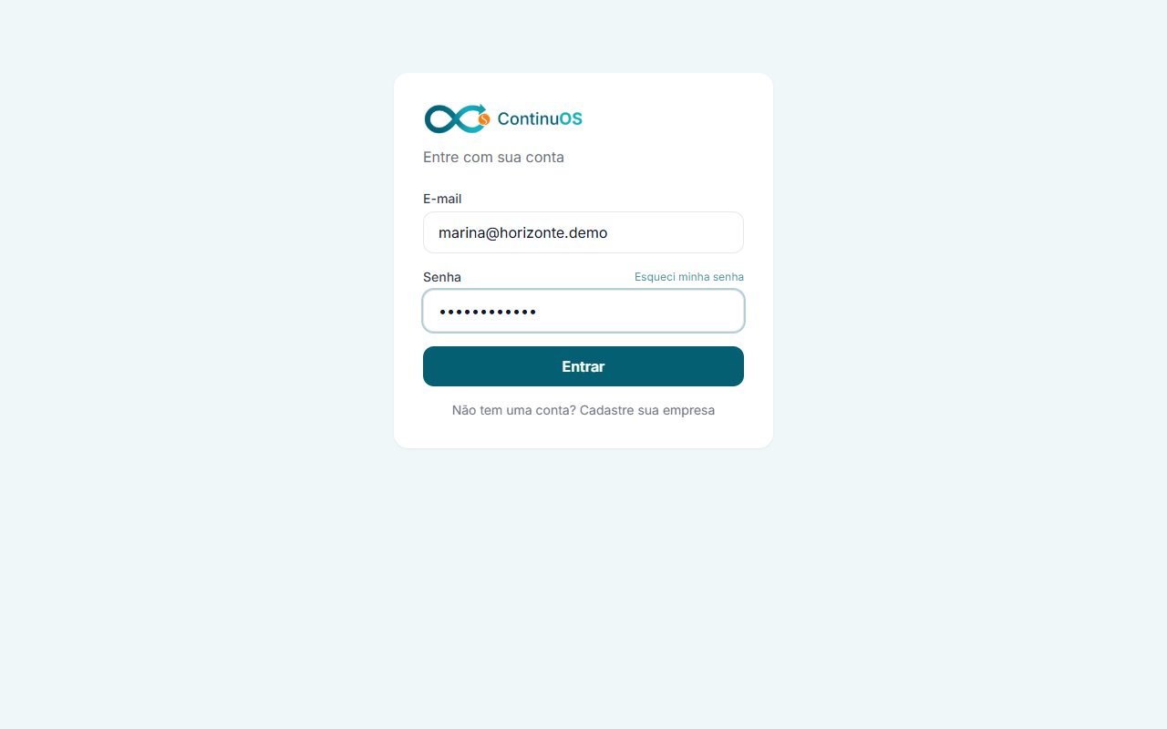 Tela de login do ContinuOS com e-mail e senha preenchidos