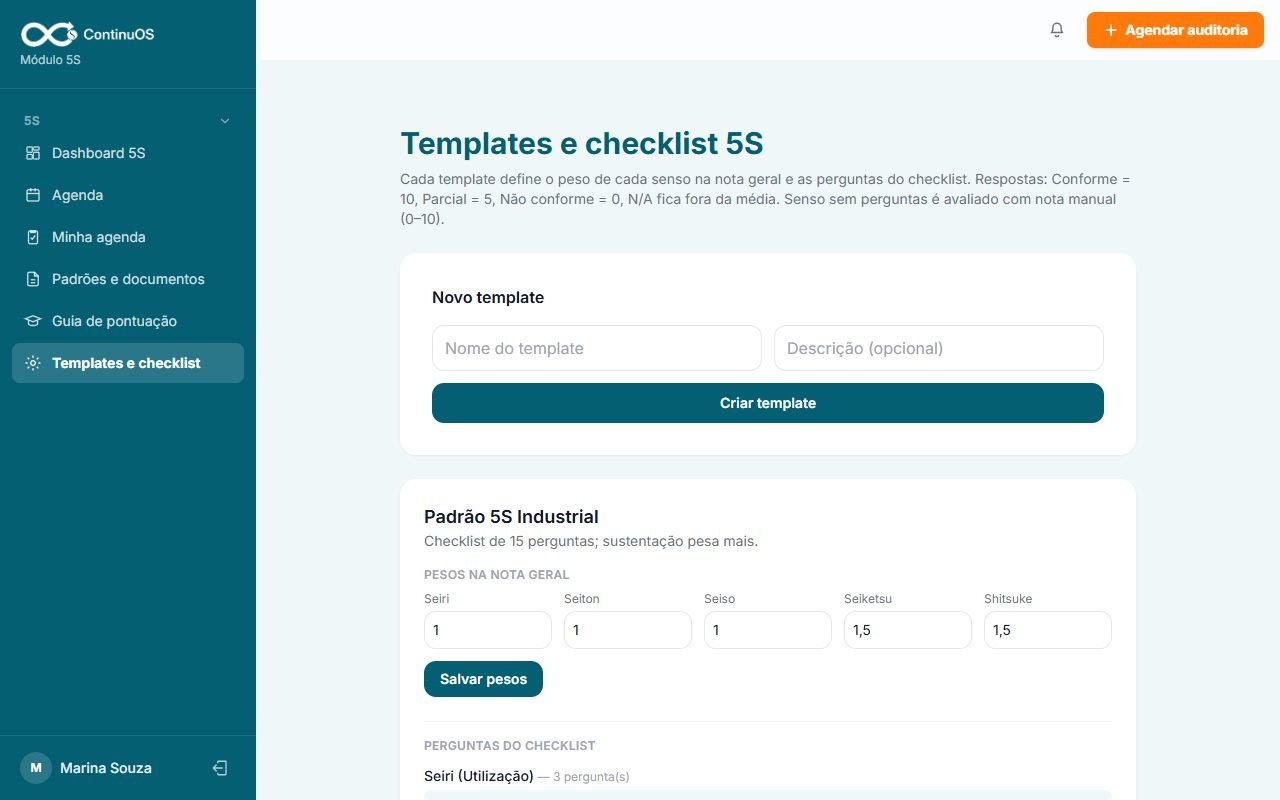 Tela de templates com pesos por senso e perguntas do checklist